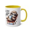 A white ceramic mug with a bright yellow interior and handle, featuring a watercolor illustration of a sloth relaxing in a chair with coffee.