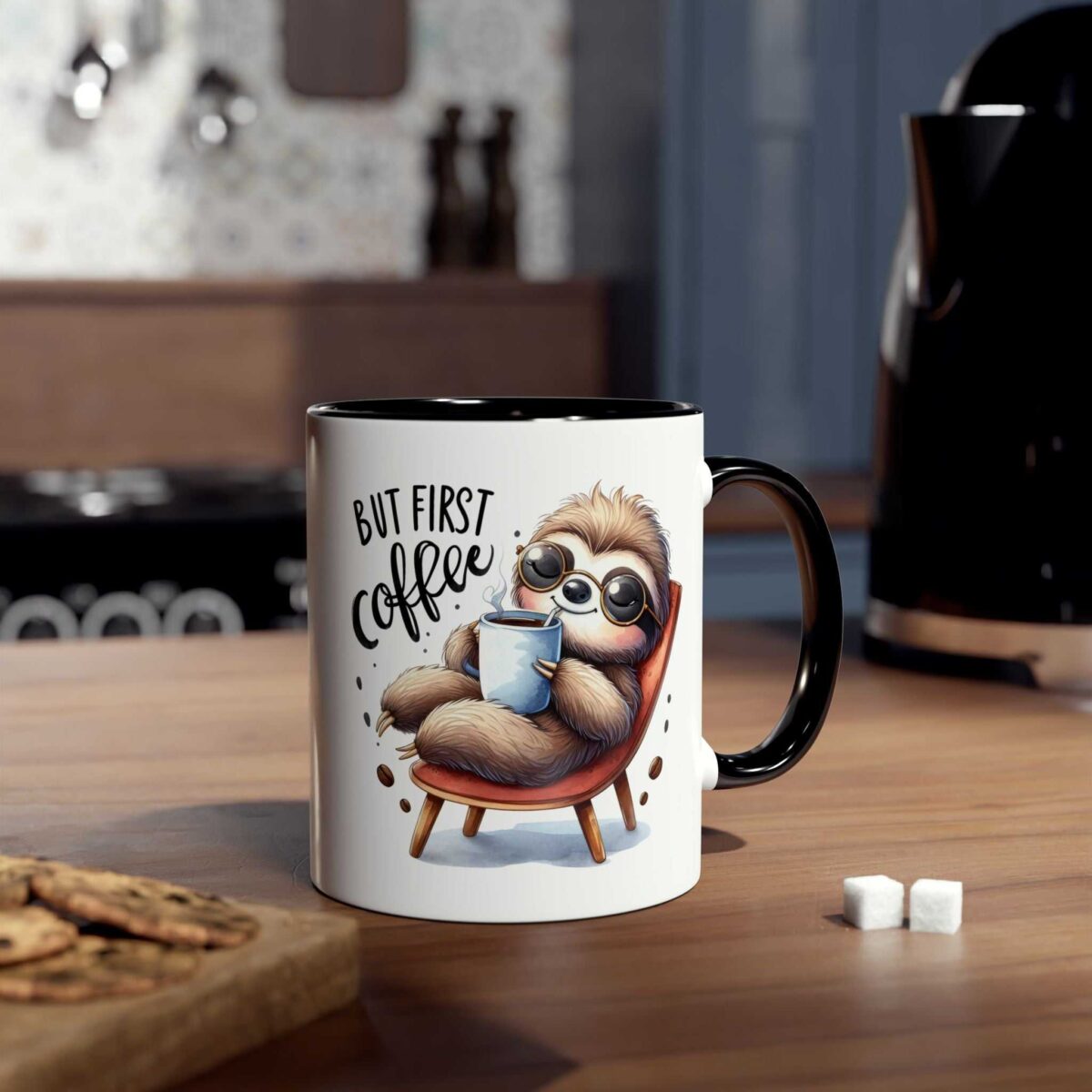 White ceramic mug with black rim and handle, featuring a cartoon sloth holding coffee.