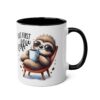 A white ceramic mug with a black interior and handle, featuring a watercolor illustration of a sloth in sunglasses holding a coffee cup.