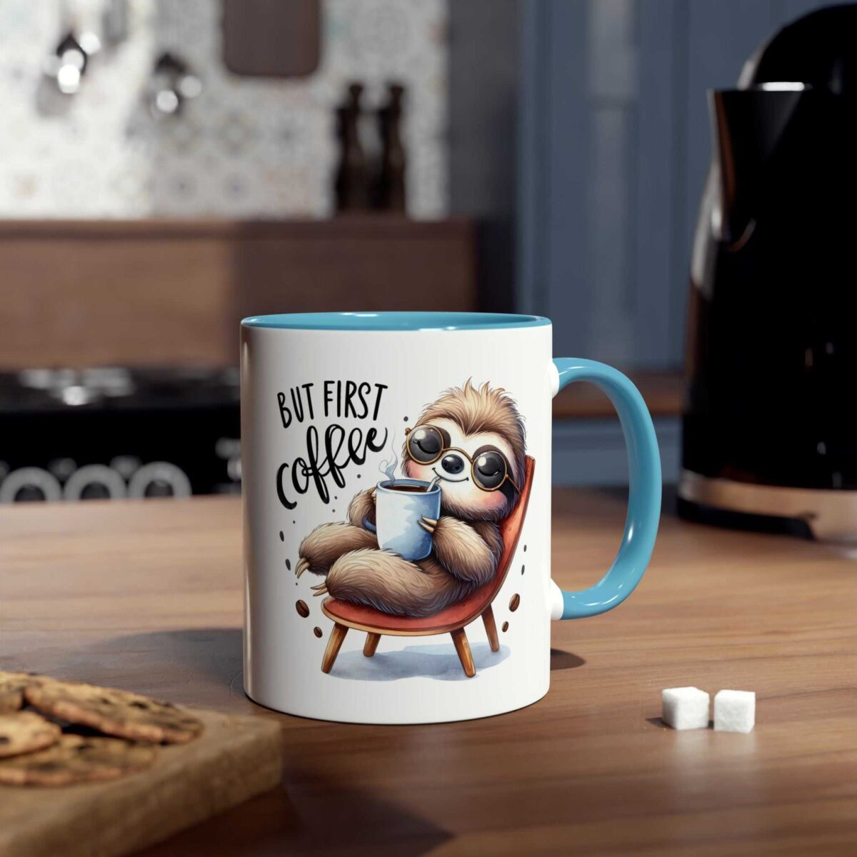 White ceramic mug with blue handle and rim, featuring a cartoon sloth in sunglasses holding coffee.