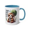 Cute cartoon sloth drinking coffee under a tree with text 'Sorry I Can't I'm Very Busy' on a blue and white ceramic mug.