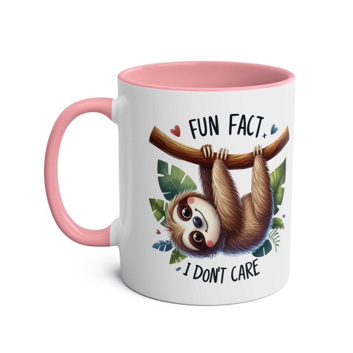 White ceramic mug with a pink handle and interior, featuring a sloth hanging from a branch with the text "FUN FACT" and "I DON'T CARE".