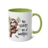White ceramic mug with a bright green interior and handle, featuring a cartoon sloth on a branch with "No Hurry, No Worries" text.