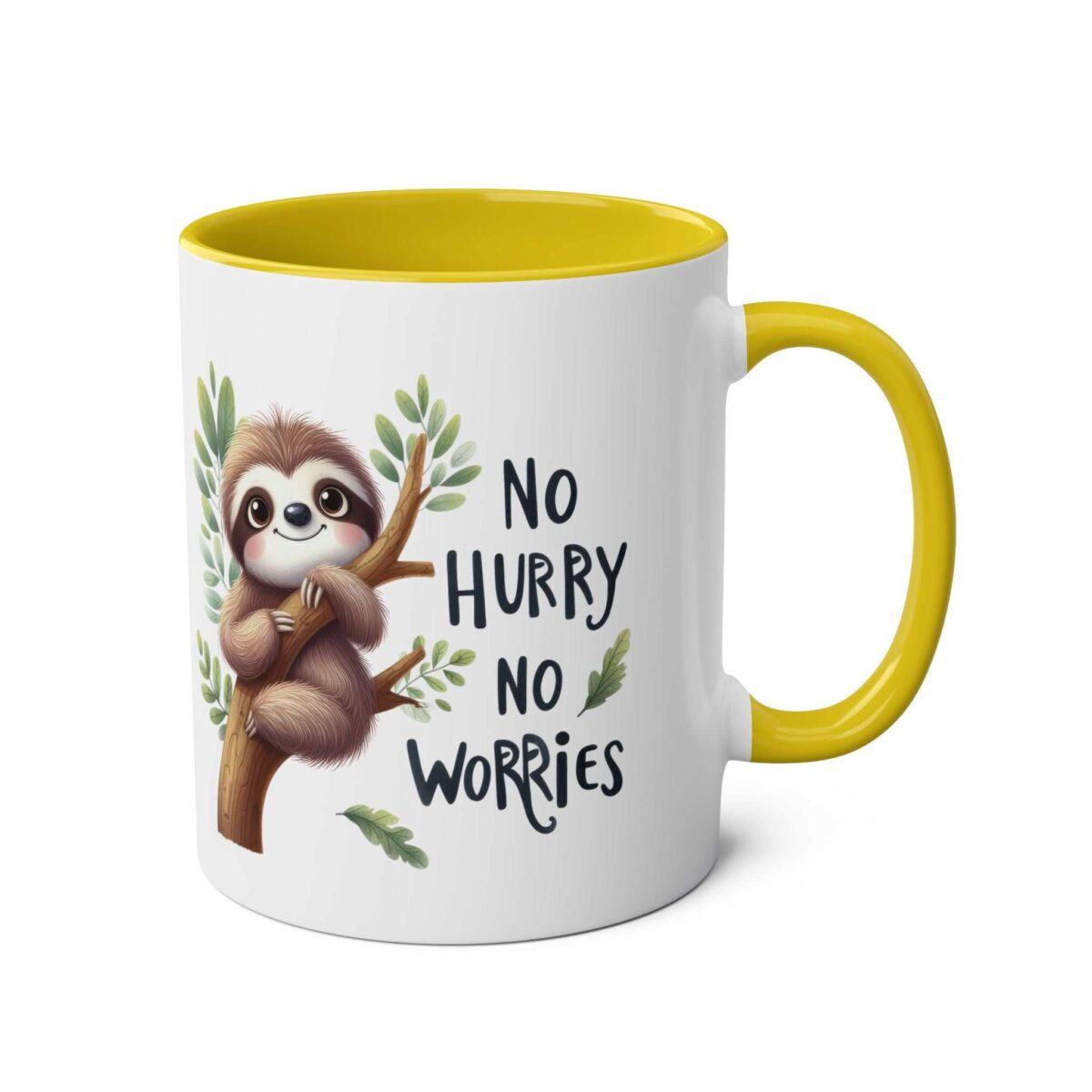 White ceramic mug with yellow handle, featuring a cute sloth on a branch and text 'No Hurry No Worries'.