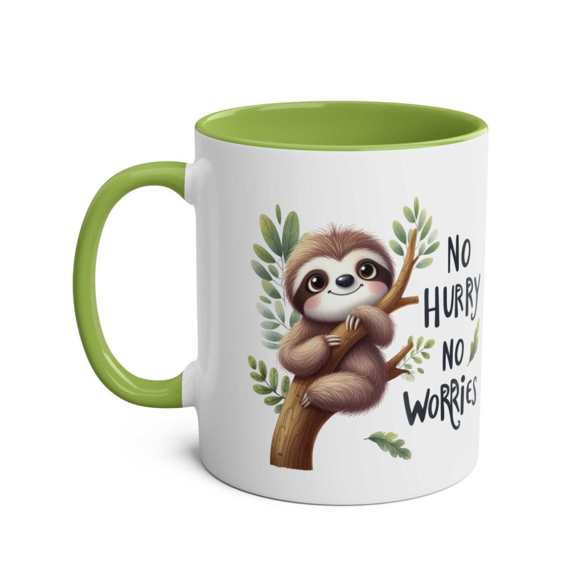 White ceramic mug with a green handle and interior, featuring a cute sloth illustration and the words "No Hurry No Worries".