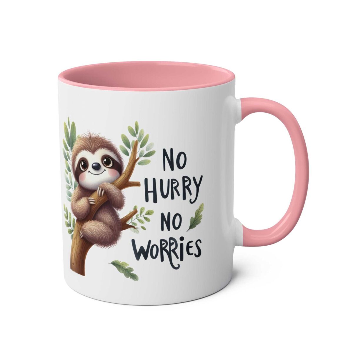White ceramic mug with a pink handle and interior. Features a cute sloth hanging on a branch with "NO HURRY NO WORRIES" text.
