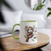 White ceramic mug with a green rim and handle, featuring a cute sloth hanging from a branch with the text "No Hurry, No Worry".