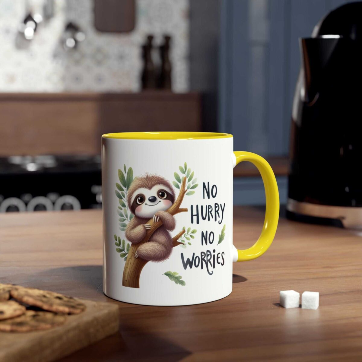 White ceramic mug with a bright yellow interior and handle, featuring a cute sloth illustration and "No Hurry, No Worries" text.