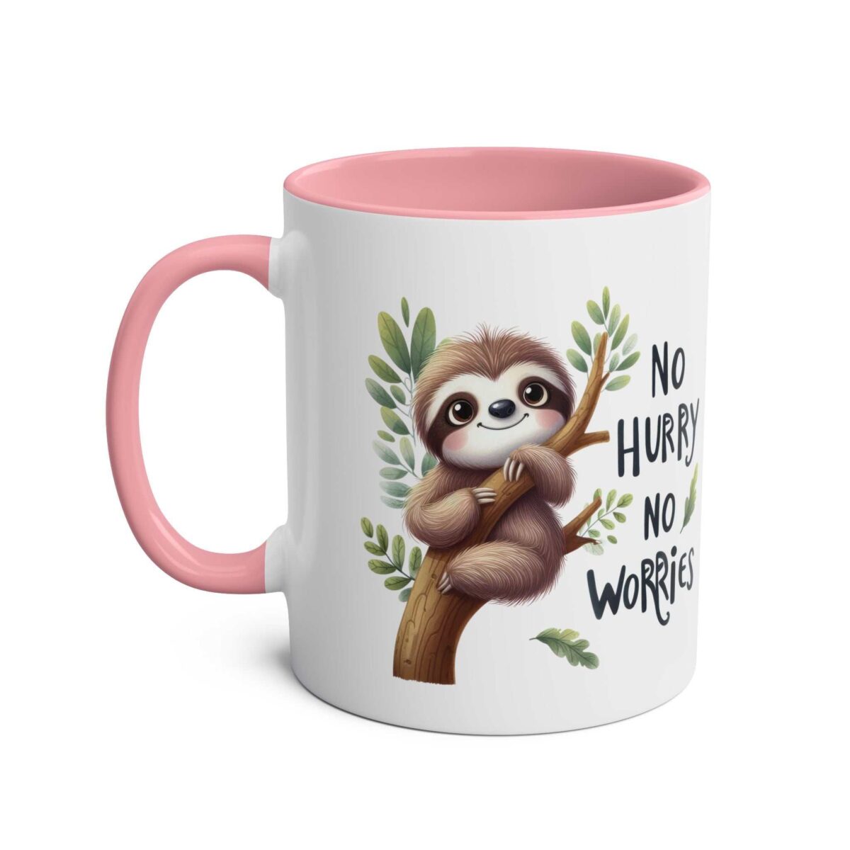 White ceramic mug with pink handle and interior, featuring a cute sloth on a branch with "No Hurry No Worries" text.