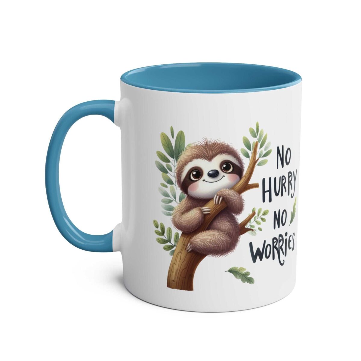 White ceramic mug with a bright blue handle and interior, featuring a cute sloth on a branch with "No Hurry No Worries" text.