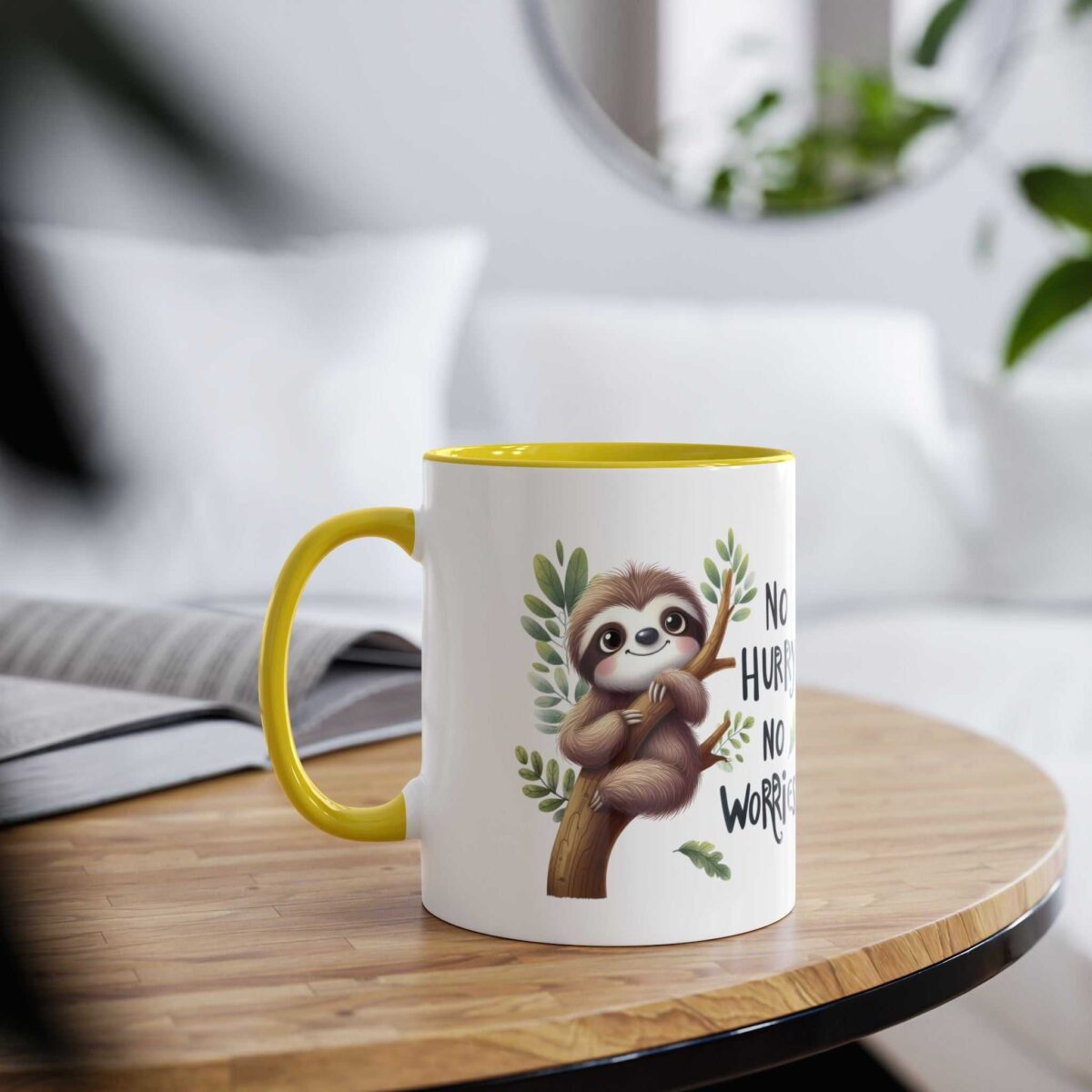 White ceramic mug with a yellow handle and rim, featuring a cute sloth illustration and the text "NO HURRY NO WORRY".