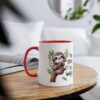 White ceramic mug with a red handle and rim, featuring a cute sloth illustration on a branch with text.