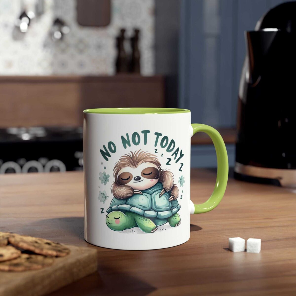 White ceramic mug with a lime green interior and handle, featuring a cute sloth sleeping on a turtle.