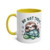 White ceramic mug with a yellow interior and handle, featuring a cute sloth sleeping on a turtle with "NO NOT TODAY" text.