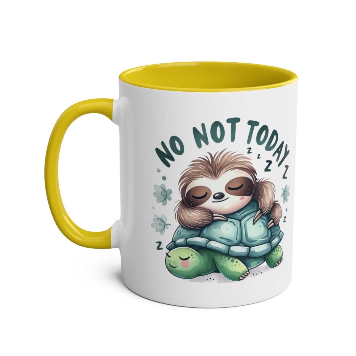 White ceramic mug with a yellow interior and handle, featuring a cute sloth sleeping on a turtle with "NO NOT TODAY" text.