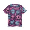 Pink and blue cartoon zombies with stitched mouths and large eyes cover this 3D graphic t-shirt, with purple accents and a fun, spooky pattern.