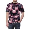 Pink and black cartoon bats with hearts cover this graphic streetwear tee, set against a dark purple, cloud-like background.