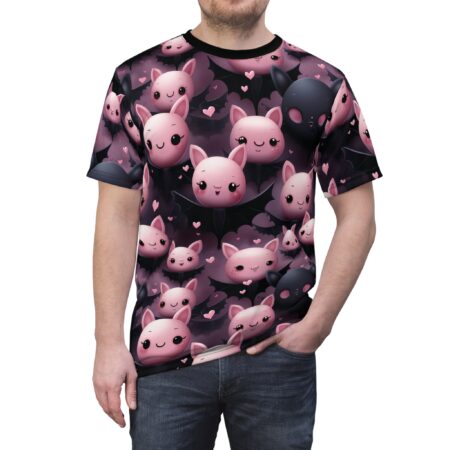 Pink and black cartoon bats with hearts cover this graphic streetwear tee, set against a dark purple, cloud-like background.