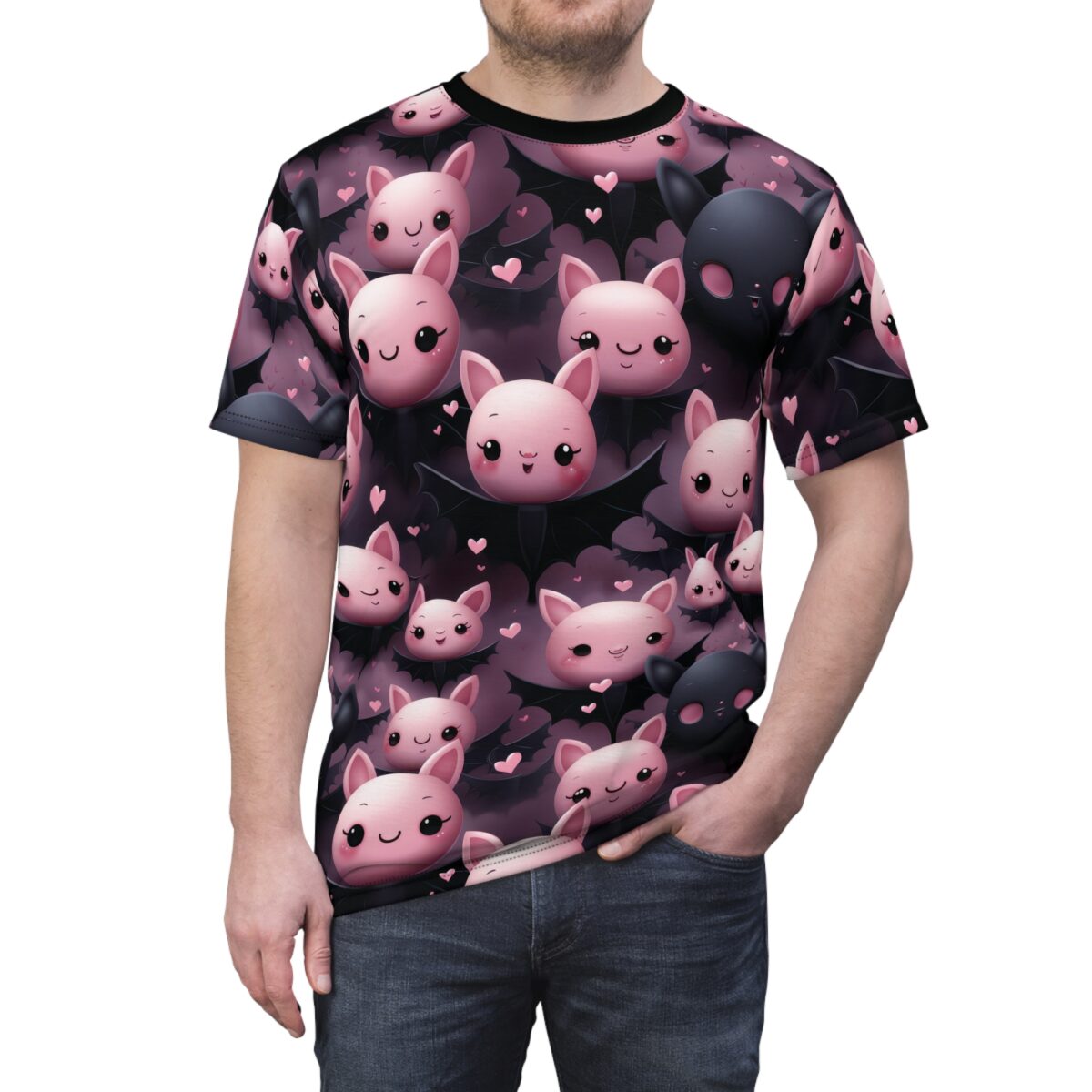 Pink and black cartoon bats with hearts cover this graphic streetwear tee, set against a dark purple, cloud-like background.