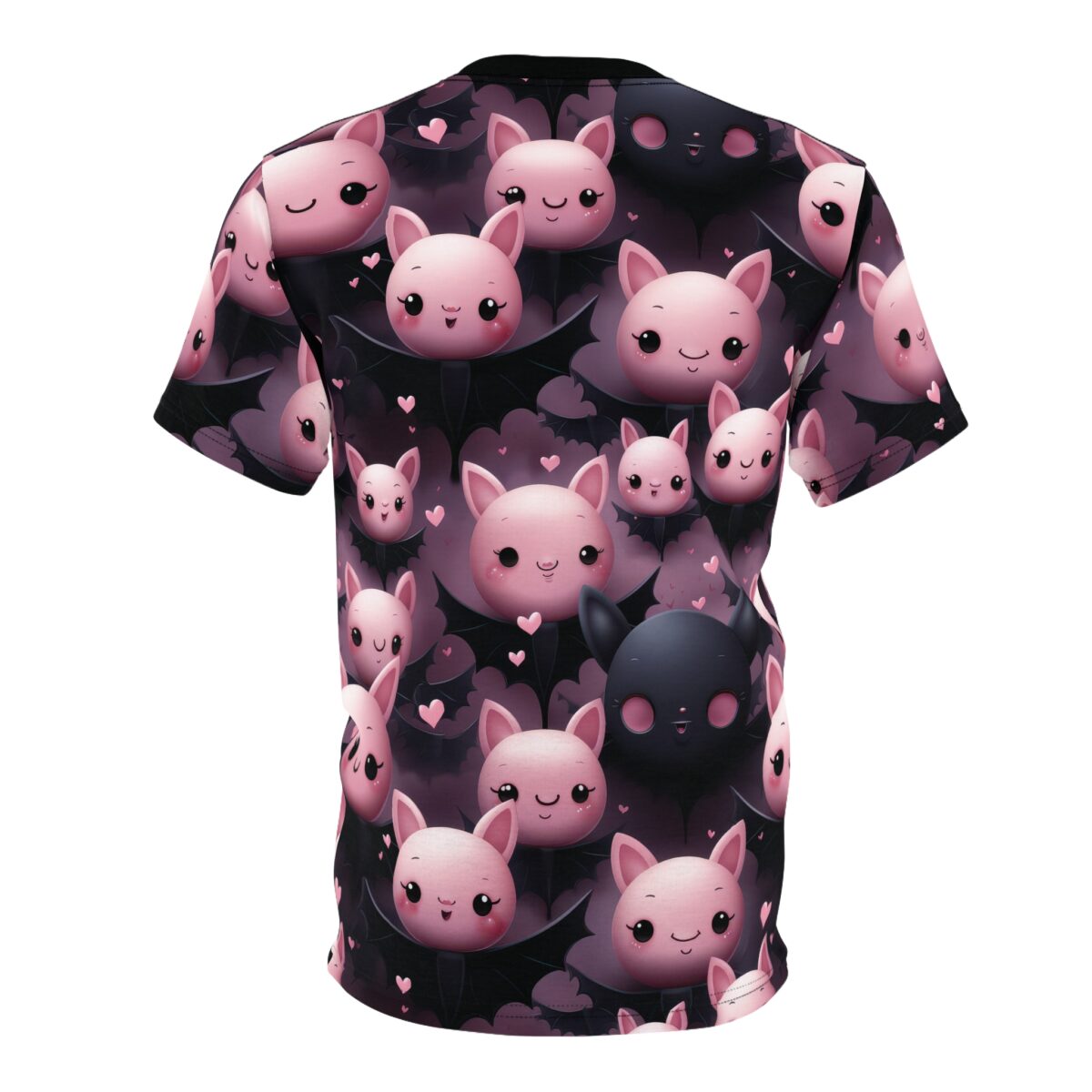 Pink and black bats with hearts cover this full print shirt, featuring adorable cartoon bat faces with blushing cheeks and big eyes.