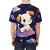 A dark blue background with colorful stars and swirling clouds cover this full print shirt, depicting a cute white dog sitting on a fluffy cloud.
