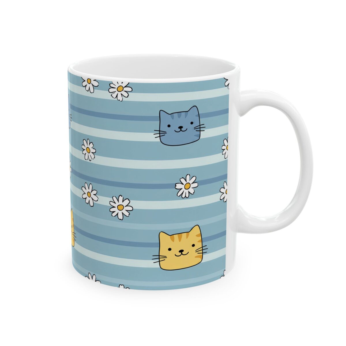 A white ceramic mug with a blue striped pattern, decorated with cute cartoon cats and daisies.
