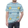 Blue and white stripes with yellow and blue cat faces and white daisies cover this full print shirt.