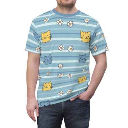Blue and white stripes with yellow and blue cat faces and white daisies cover this full print shirt.