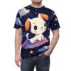 A t-shirt featuring a cute cartoon dog with big eyes and orange ears, sitting on a colorful cloud against a dark blue, star-filled sky with other whimsical clouds and stars.