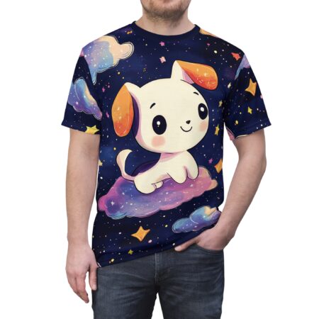 A t-shirt featuring a cute cartoon dog with big eyes and orange ears, sitting on a colorful cloud against a dark blue, star-filled sky with other whimsical clouds and stars.