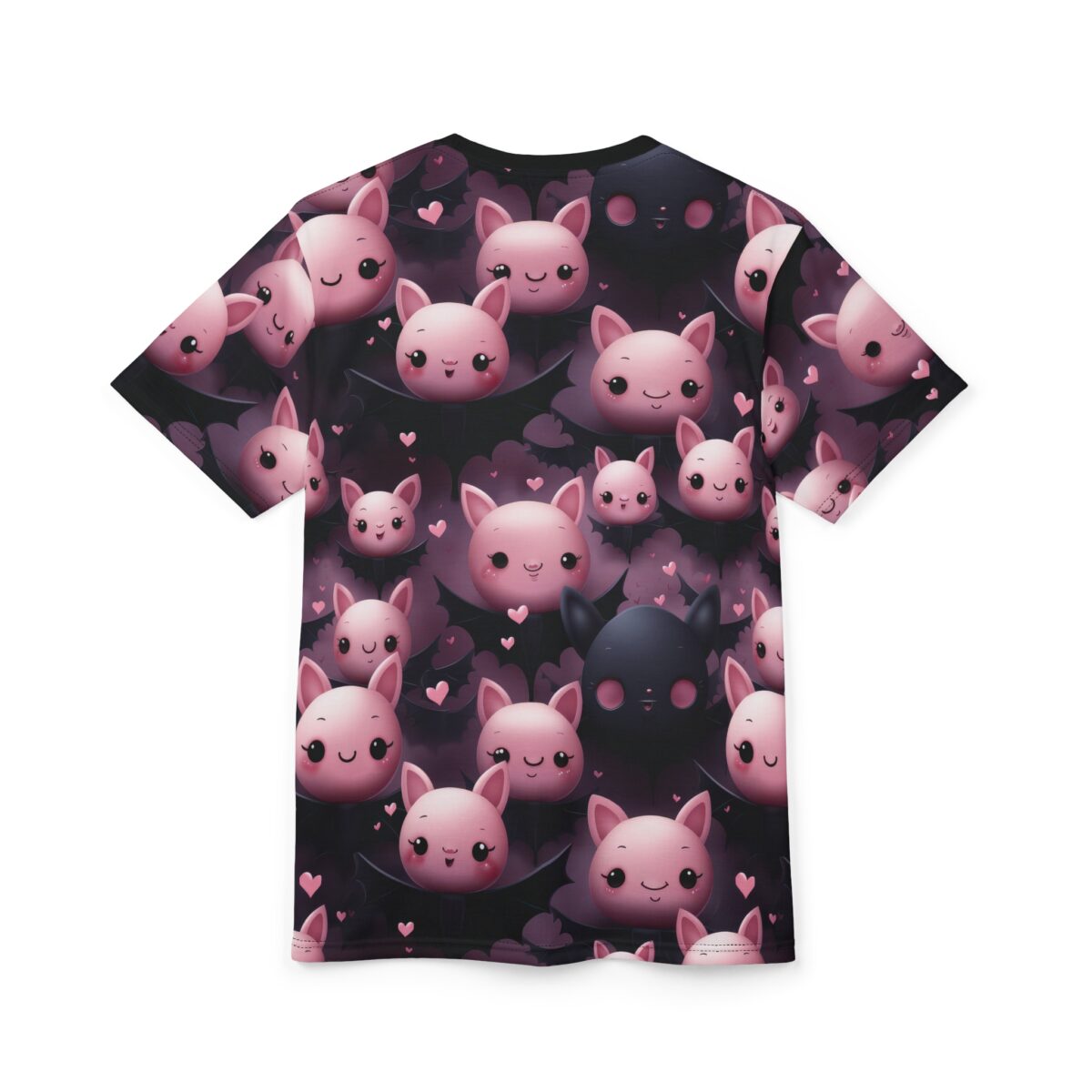 Pink and black cartoon bats with heart accents cover this seamless pattern tee, featuring a dark, whimsical Halloween theme.