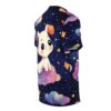 Dark navy fabric with scattered stars and colorful clouds, featuring a cute cartoon dog sitting on a pink cloud.