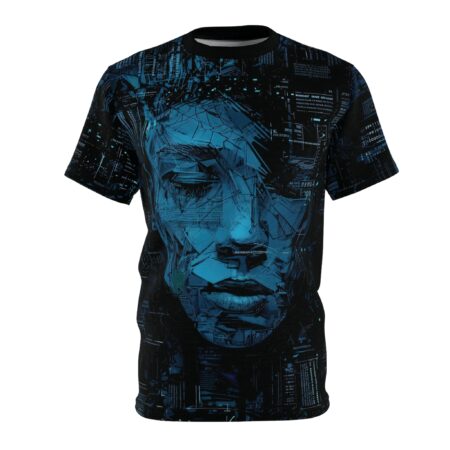 Teal and black geometric shards and digital code cover this sublimation graphic tee, depicting a fragmented face with a cyberpunk aesthetic.