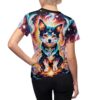 All over print t-shirt featuring a cute dog with fiery cosmic background and starry nebula design.
