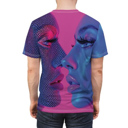 Cyber grunge face graphic sublimation tee with neon blue and pink iridescent makeup and dot pattern.