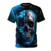This cyber grunge all over print t-shirt features a split skull graphic with vibrant blue and black digital textures.