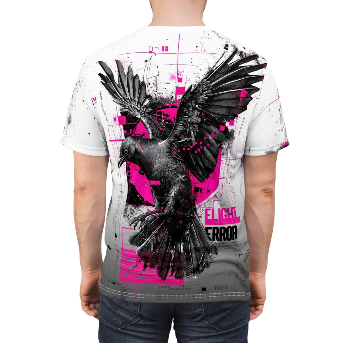 Black and pink abstract geometric shapes and splatters cover this all over print apparel, depicting a detailed raven in flight with outstretched wings.