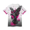 Black and pink geometric shapes and splatters cover this oversized full print tee, depicting a raven in flight with "FLIGHT ERROR" text.