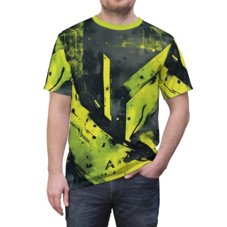 Bold lime green and black abstract geometric shapes and splatters cover this all over print t-shirt, with sharp lines and a gritty texture.