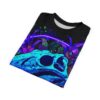 Electric blue dinosaur skull and vibrant neon floral patterns cover this full print shirt, set against a dark background.