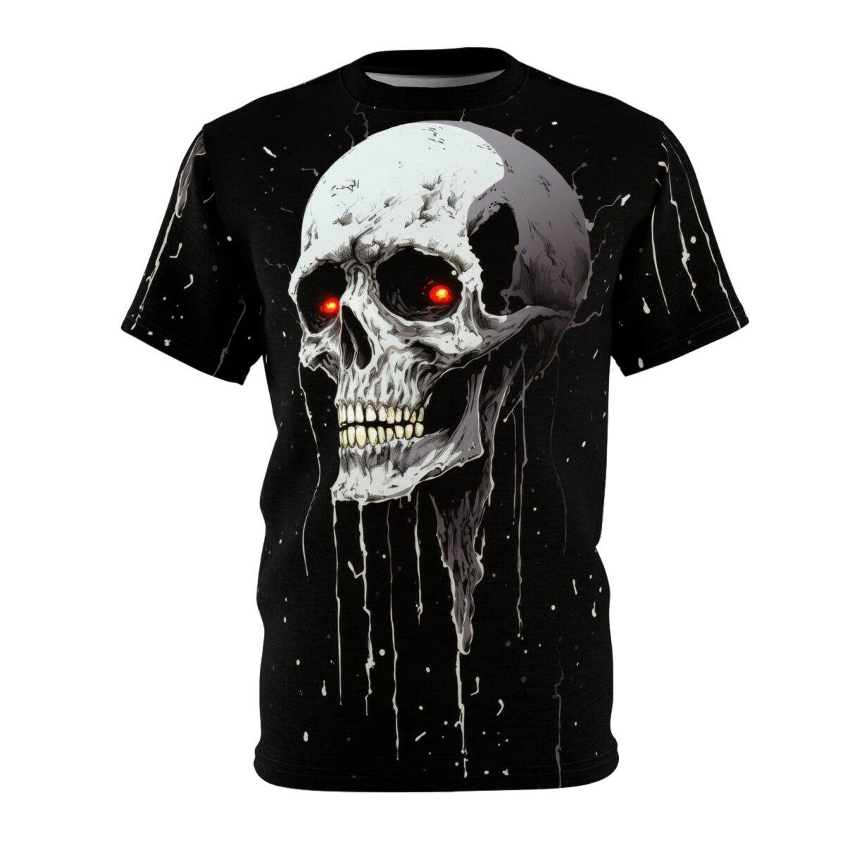 Cyber grunge sublimation tee displays large white skull, glowing red eyes, dripping paint splatter wrap around design.