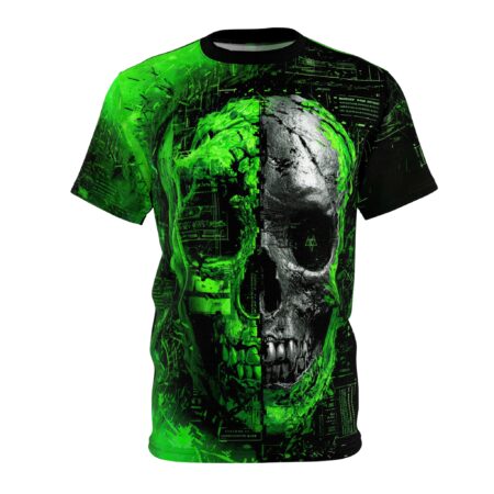 Vibrant green and dark gray textures cover this 3D graphic t-shirt, depicting a half-rotted, half-digital skull with intricate circuit board patterns.