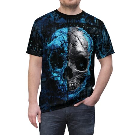 Dark blues, black, and metallic silver form a split skull design with intricate circuits and glowing text, set against a dark, abstract background.