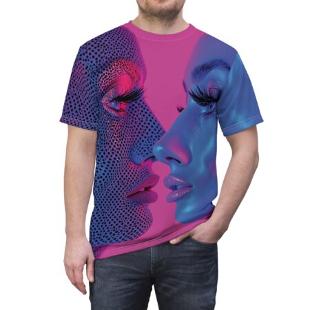 Black dots and iridescent pink and blue gradients cover this patterned tee shirt, depicting two faces in a close embrace.