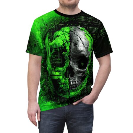 Vivid green and dark grey textures cover this patterned tee shirt, depicting a split skull with intricate circuitry and abstract lines.