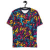 Vibrant blues, yellows, pinks, purples cover this 3D graphic t-shirt, featuring abstract graffiti shapes ,sharp lines.