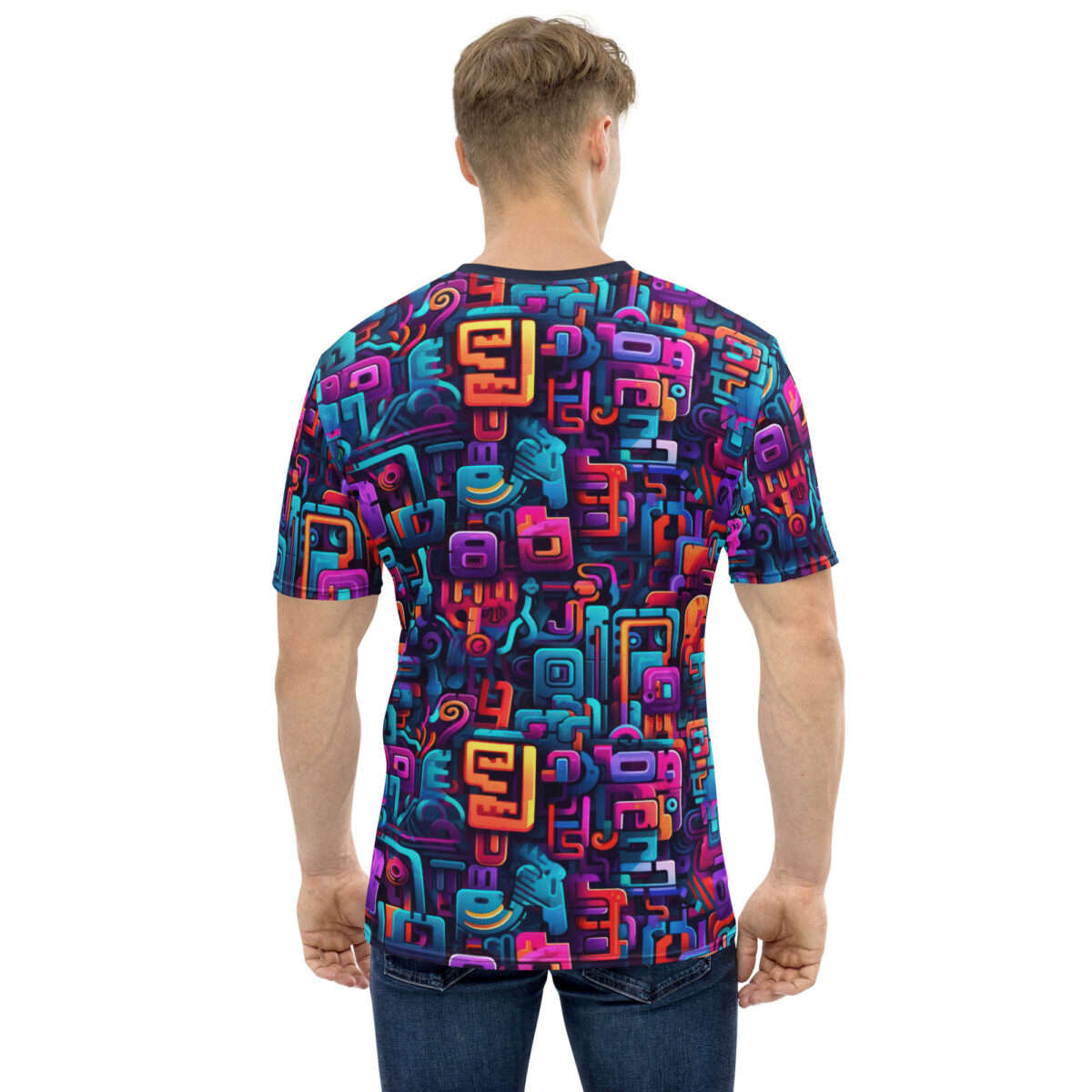 Full-print shirt: vibrant blue, purple, pink, and orange geometric maze. Features bold, blocky art and swirling lines.