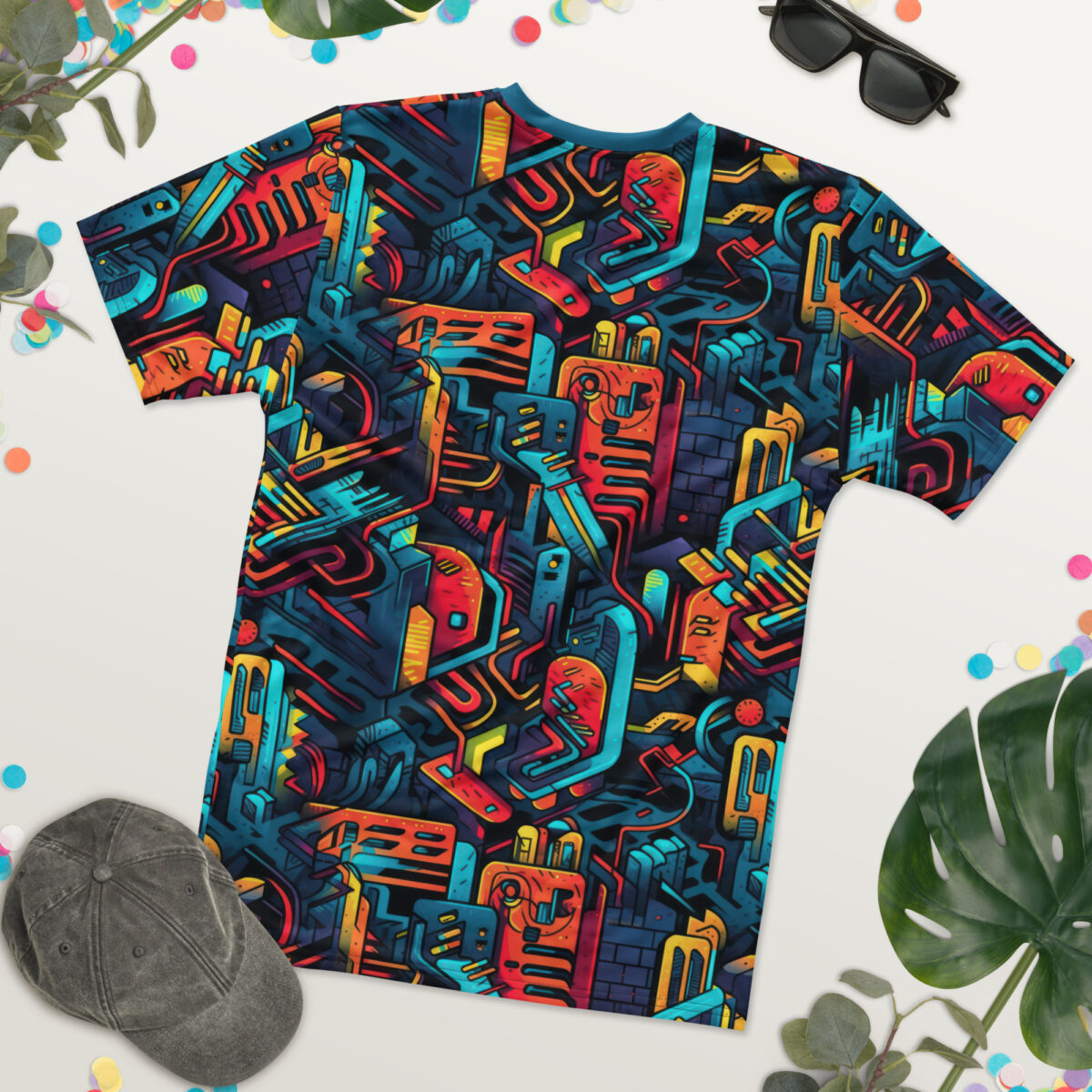 Dynamic urban art tee: bold blue, orange, and yellow geometric shapes and mechanical patterns. Standout graphic design.