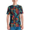 All-over print tee: bold red, yellow, and blue robotic shapes on a dark, textured background. Modern, edgy urban style.