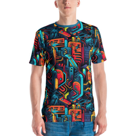 All-over print tee: bold red, yellow, and blue robotic shapes on a dark, textured background. Modern, edgy urban style.